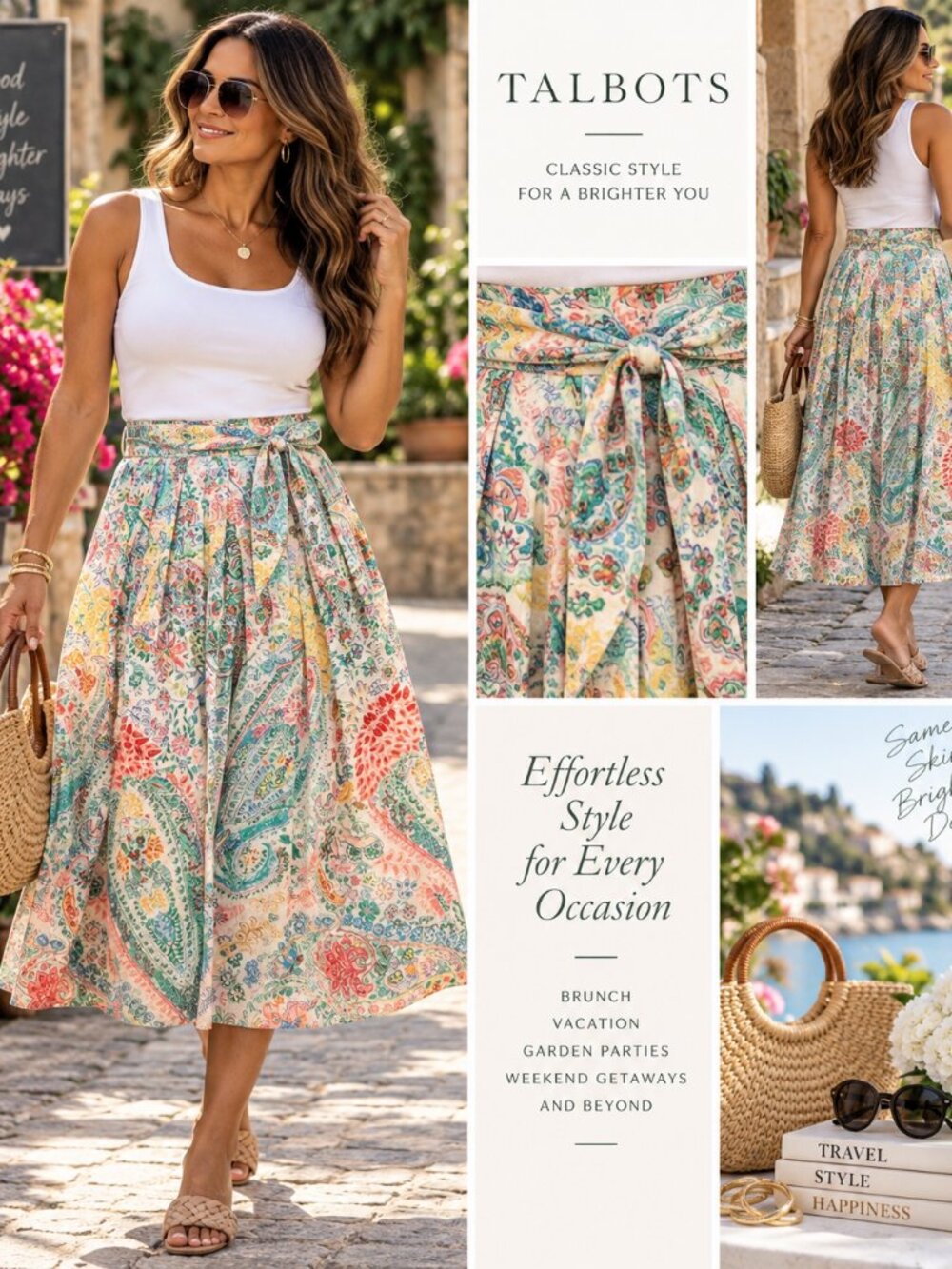 Talbots Paisley Floral Pleated Midi Skirt Belted Cotton Size 8